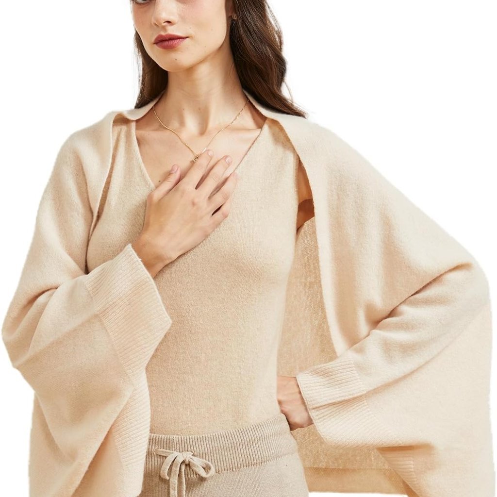 Women's Lightweight Wool Shawl Wrap Scarf With Sleeves Outer Warm Knitted Open F